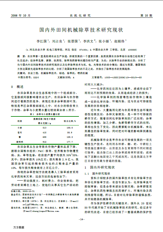 国内外田间机械除草技术研究现状