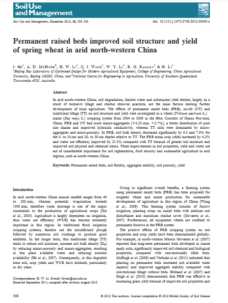 Permanent raised beds improved soil structure and yield of spring wheat in arid north-western China